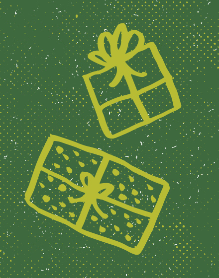 an illustration of wrapped gifts light green on a dark green background.