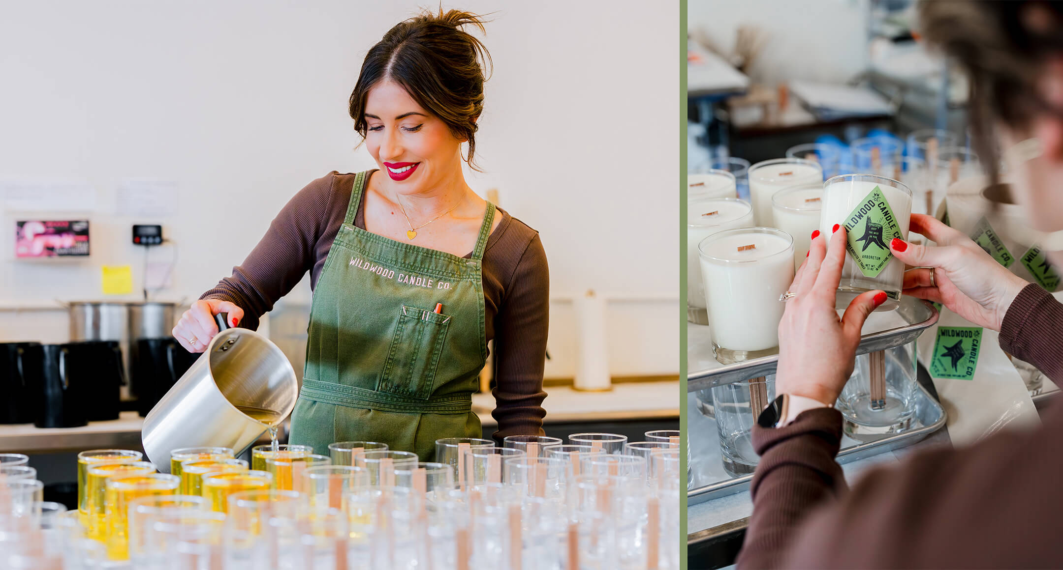 Kylie Antolini, owner of Wildwood Candle Co. in Portland, hand pouring a fresh batch of candles.