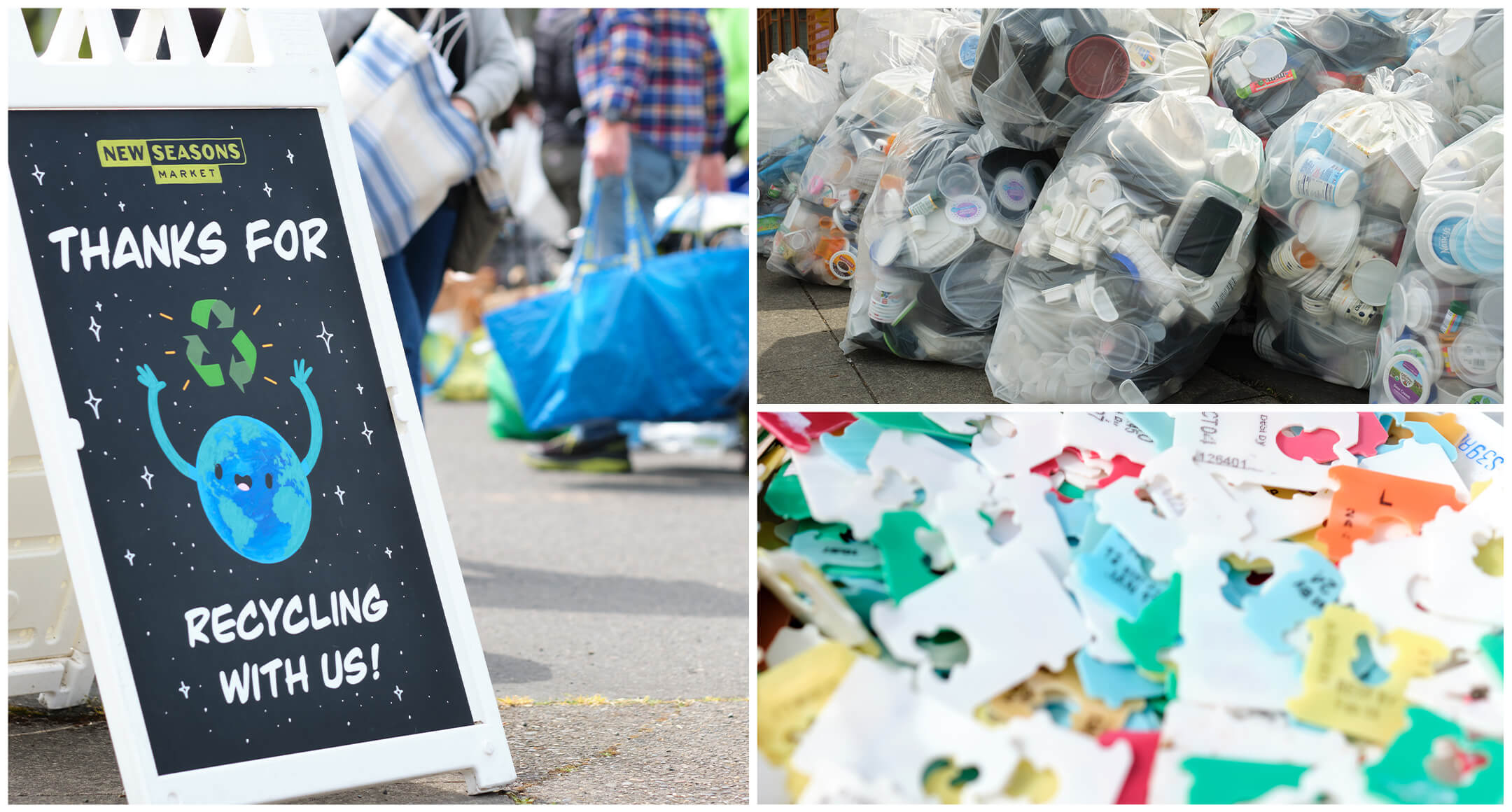 A recycling event a-frame sign and bagged and bulk recyclables from a New Seasons recycling event.