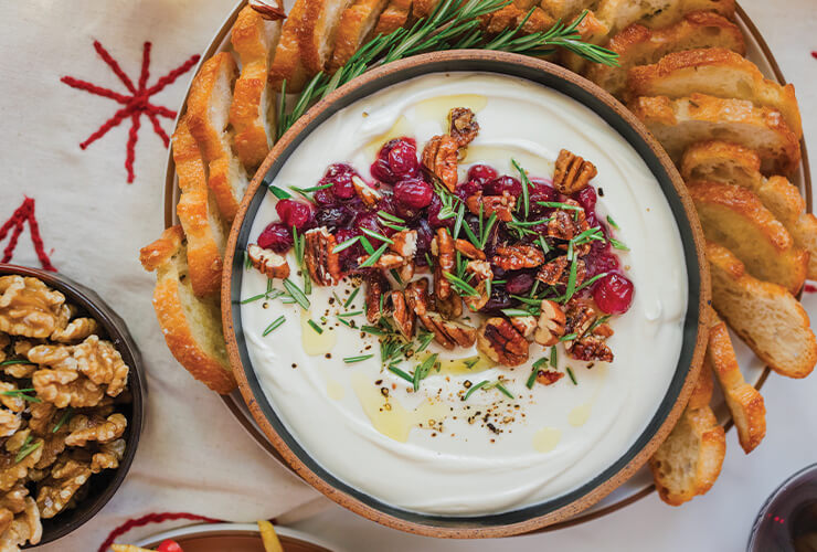 whipped goat cheese with cranberries and rosemary pecans