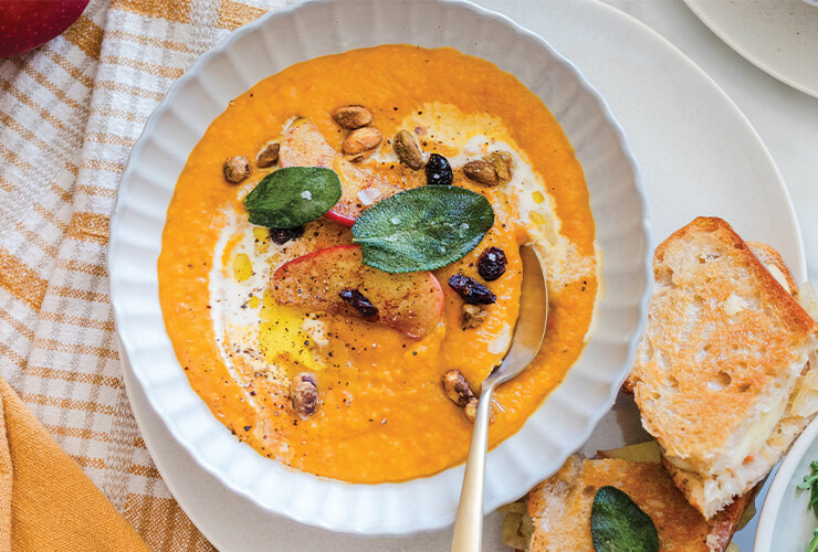 A simple fall soup with roasted butternut squash,&nbsp;carrot, and shallots.