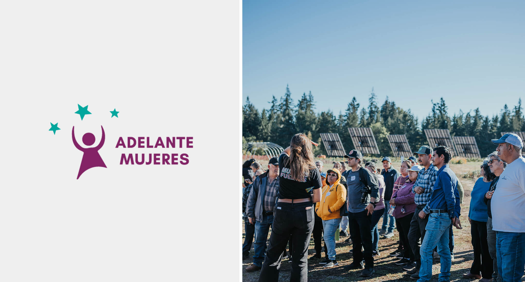 The Adelante Mujeres logo next to an image of people standing in a field, courtesy of Adelante Mujeres.