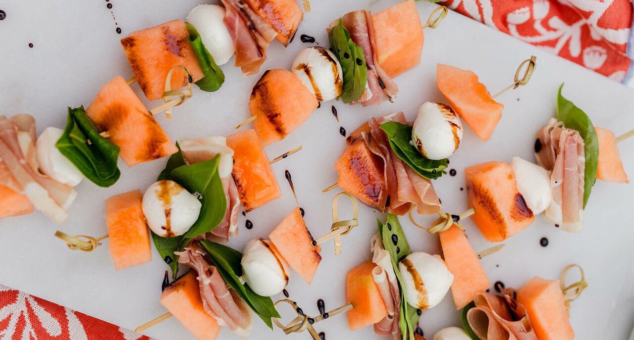 Cantaloupe, Mozzarella, Prosciutto & Basil Skewers