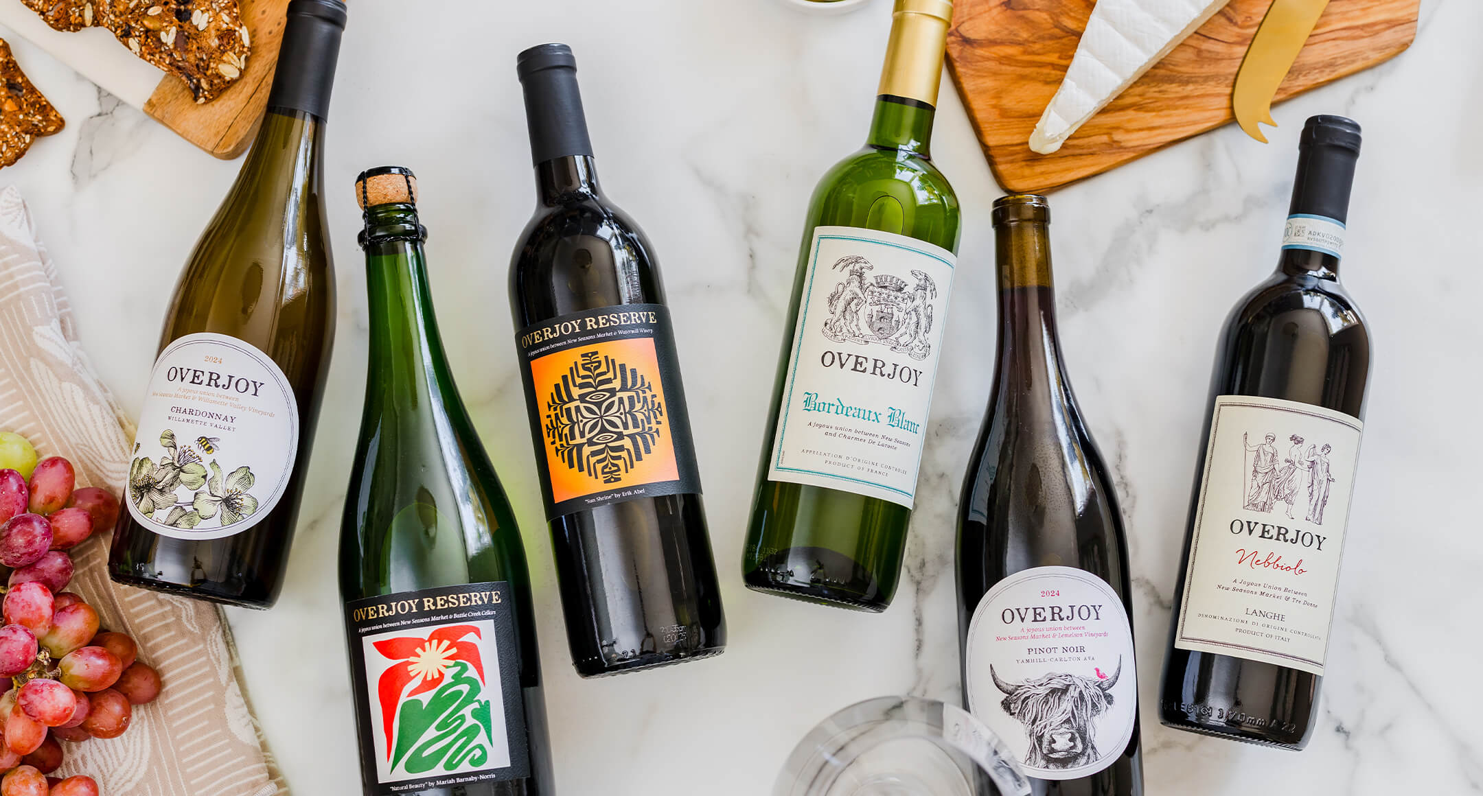 An array of Overjoy wine bottles.