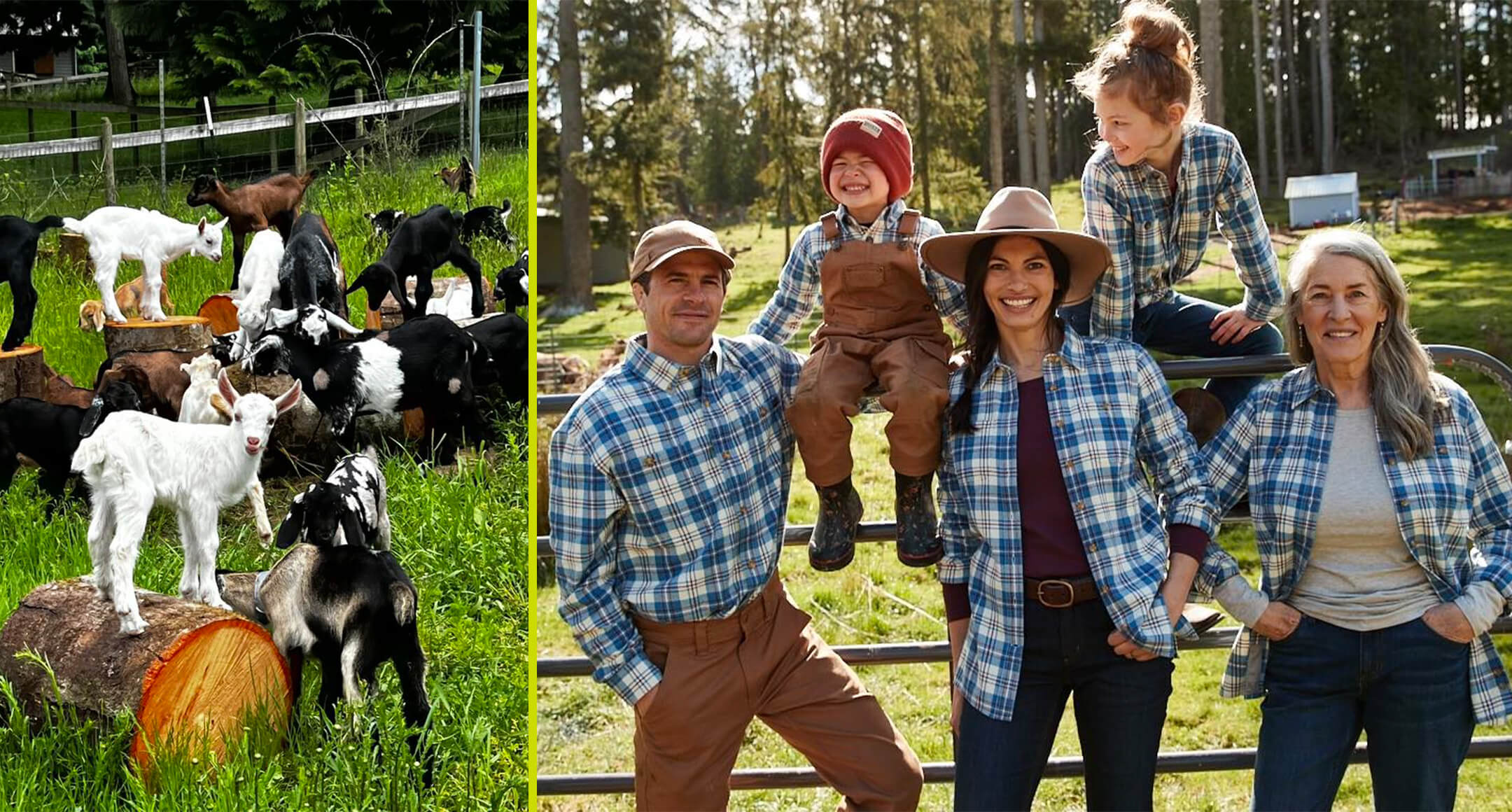 An image of Lost Peacock Creamery goats next to an image of owner Rachael Taylor-Tuller and her family. 