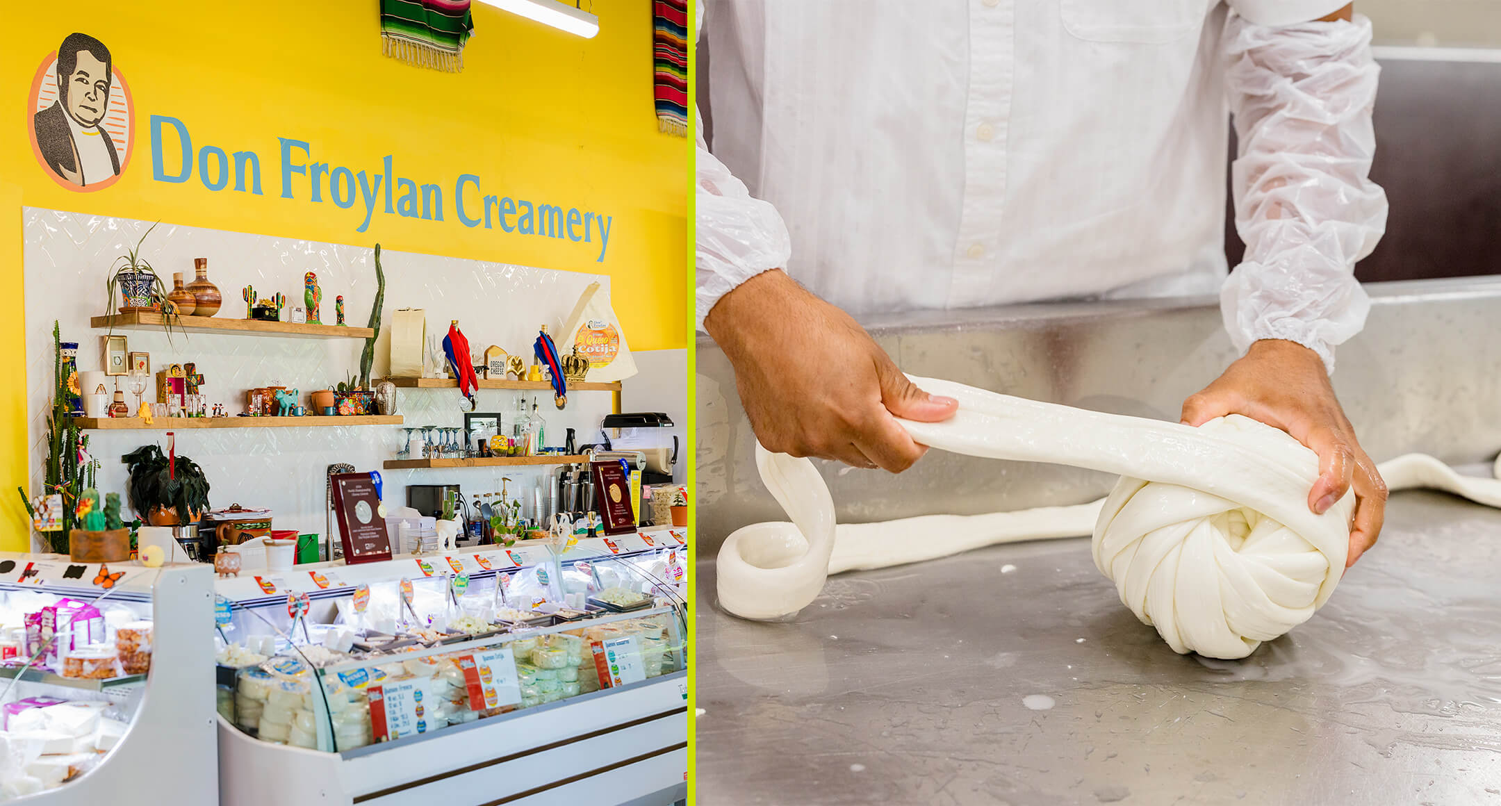 An image of Don Froylan Creamery with cases displaying their cheese next to an image of a person making cheese.