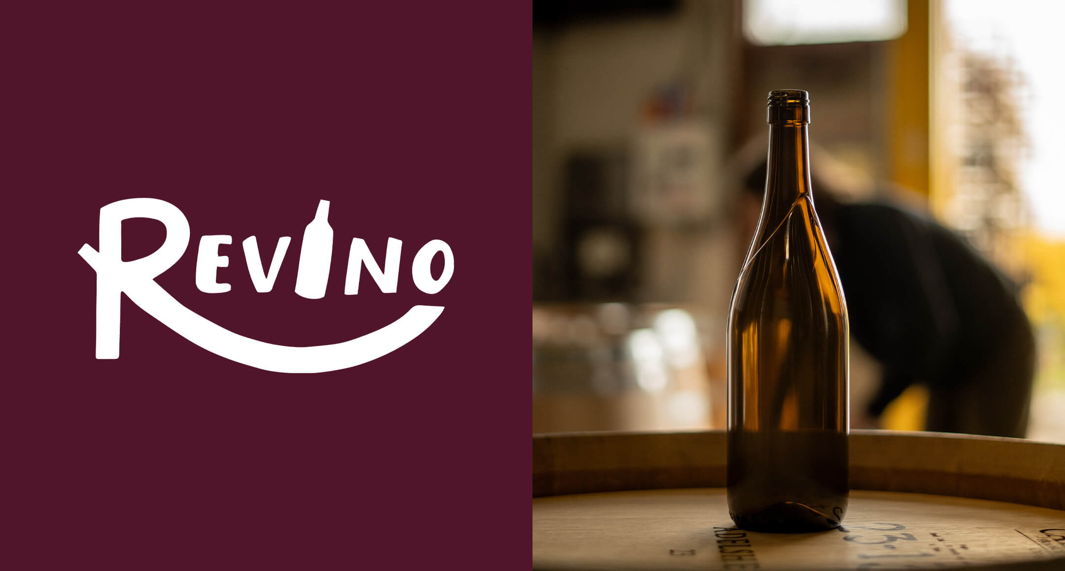 The Revino logo next to an empty Revino reusable wine bottle.