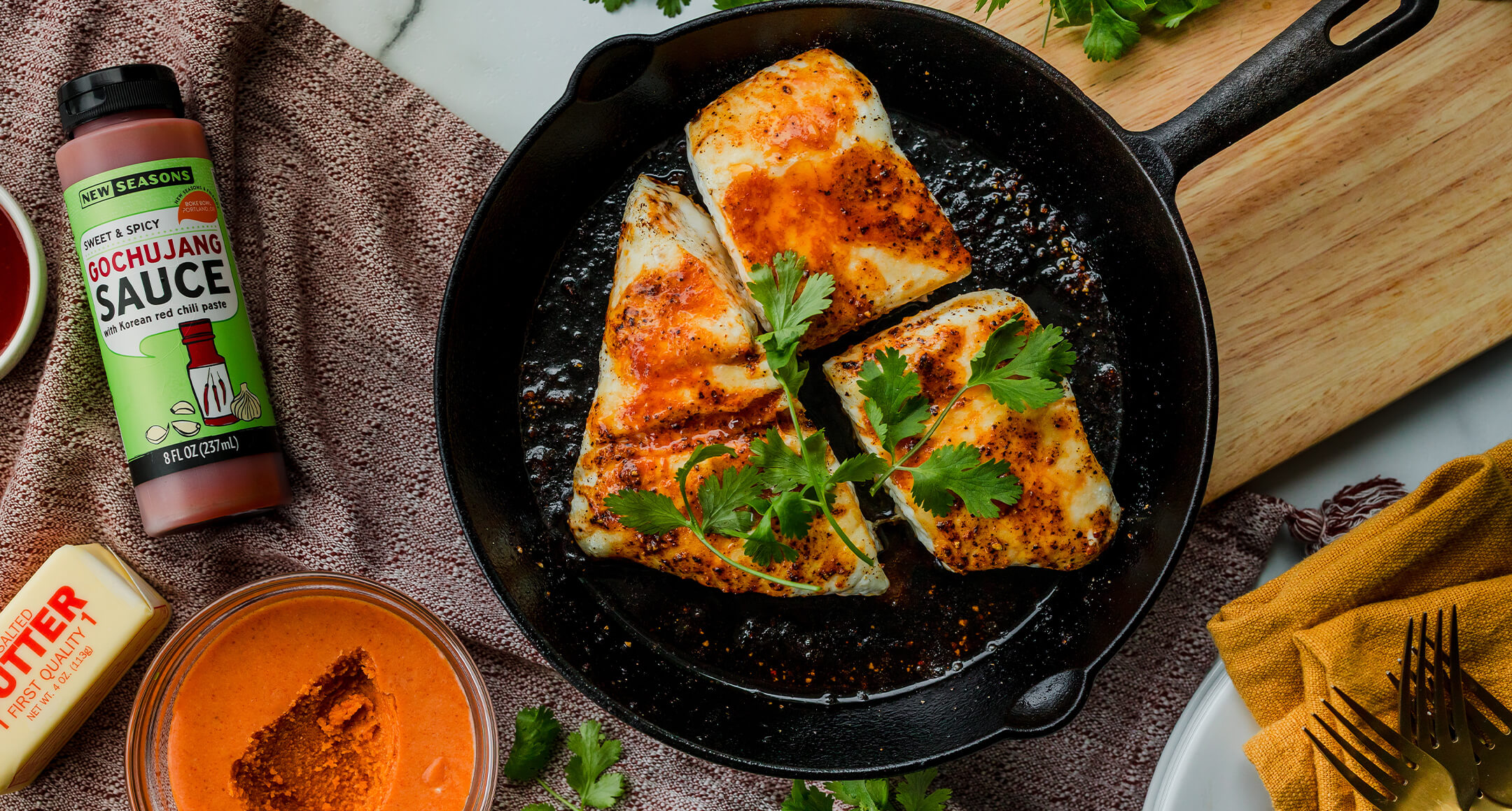 halibut with new seasons gochujang butter