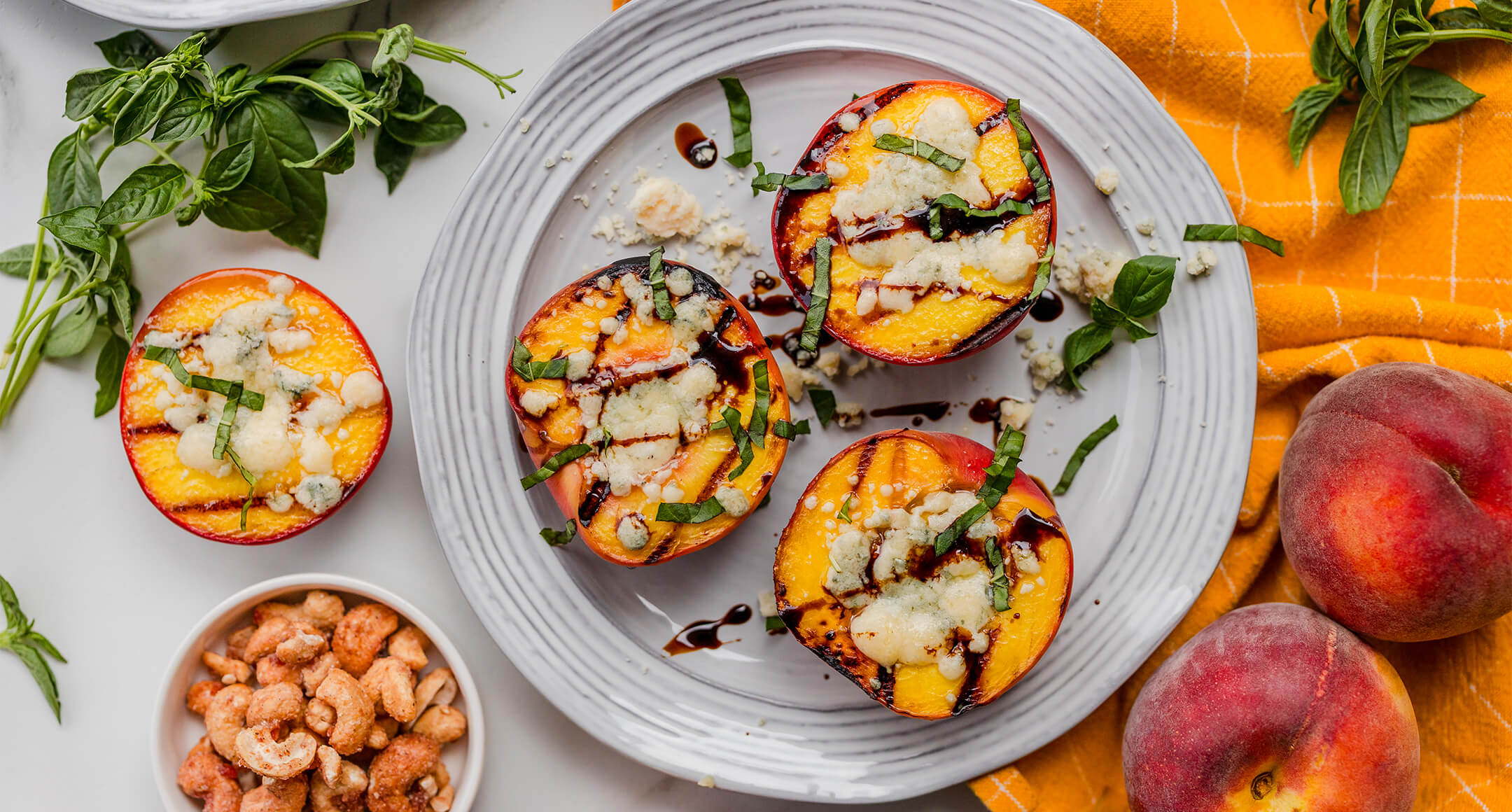 Savory stuffed peaches with Rogue Creamery Oregon Blue Cheese