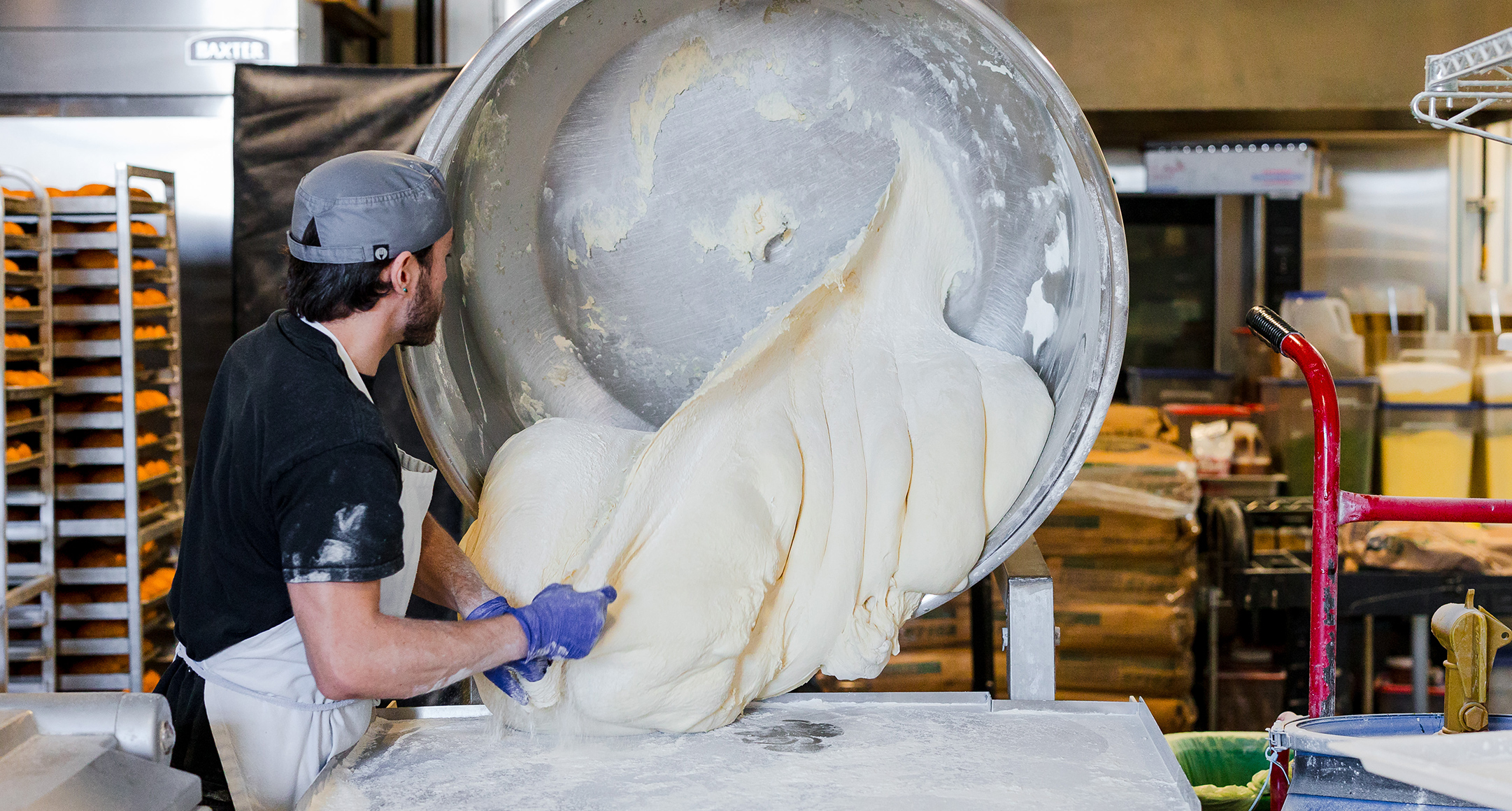 A large batch of ready-to-bake pizza dough.