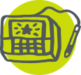 Illustrated icon of a pinpad with a stylus and a star on the screen.