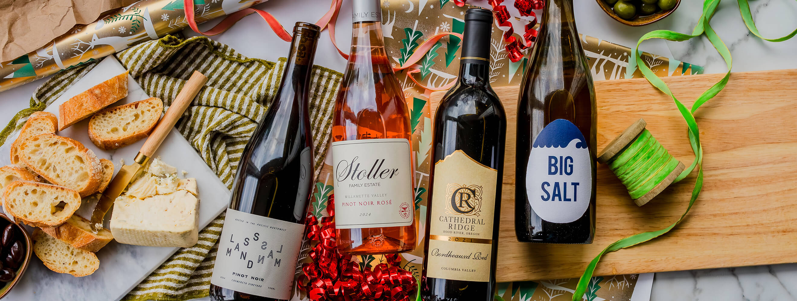 various bottles of wine displayed in a festive scene