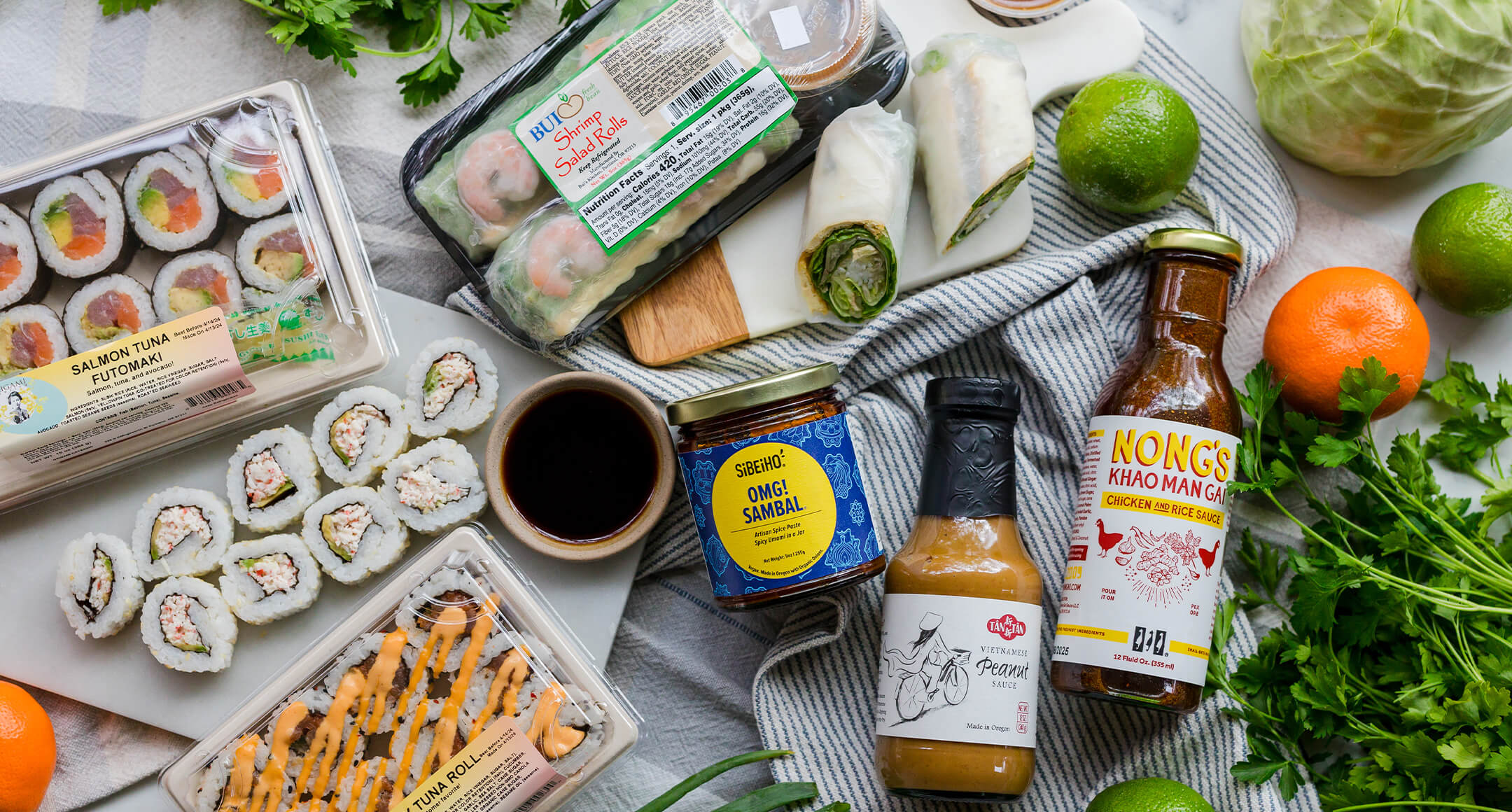A display of products and food items from AAPI-owned businesses.
