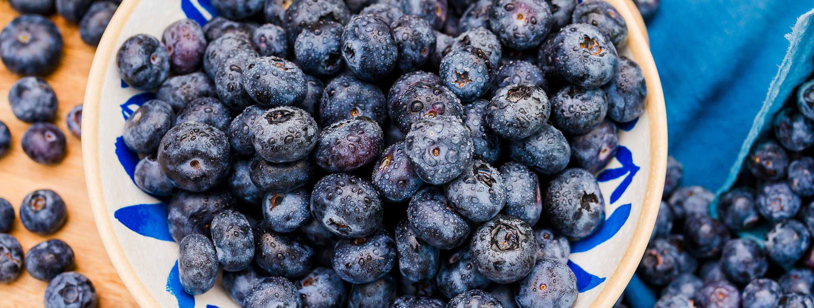 fresh whole blueberries in a white bowl