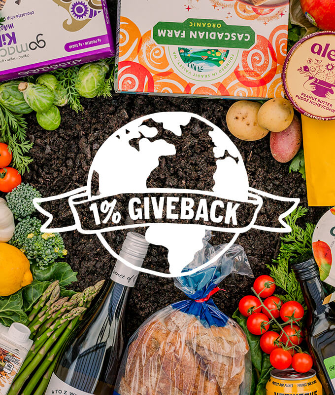 A top down image of an assortment of products including potatoes, tomatoes, asparagus, bread overlaid with an earth logo with 1% Giveback.