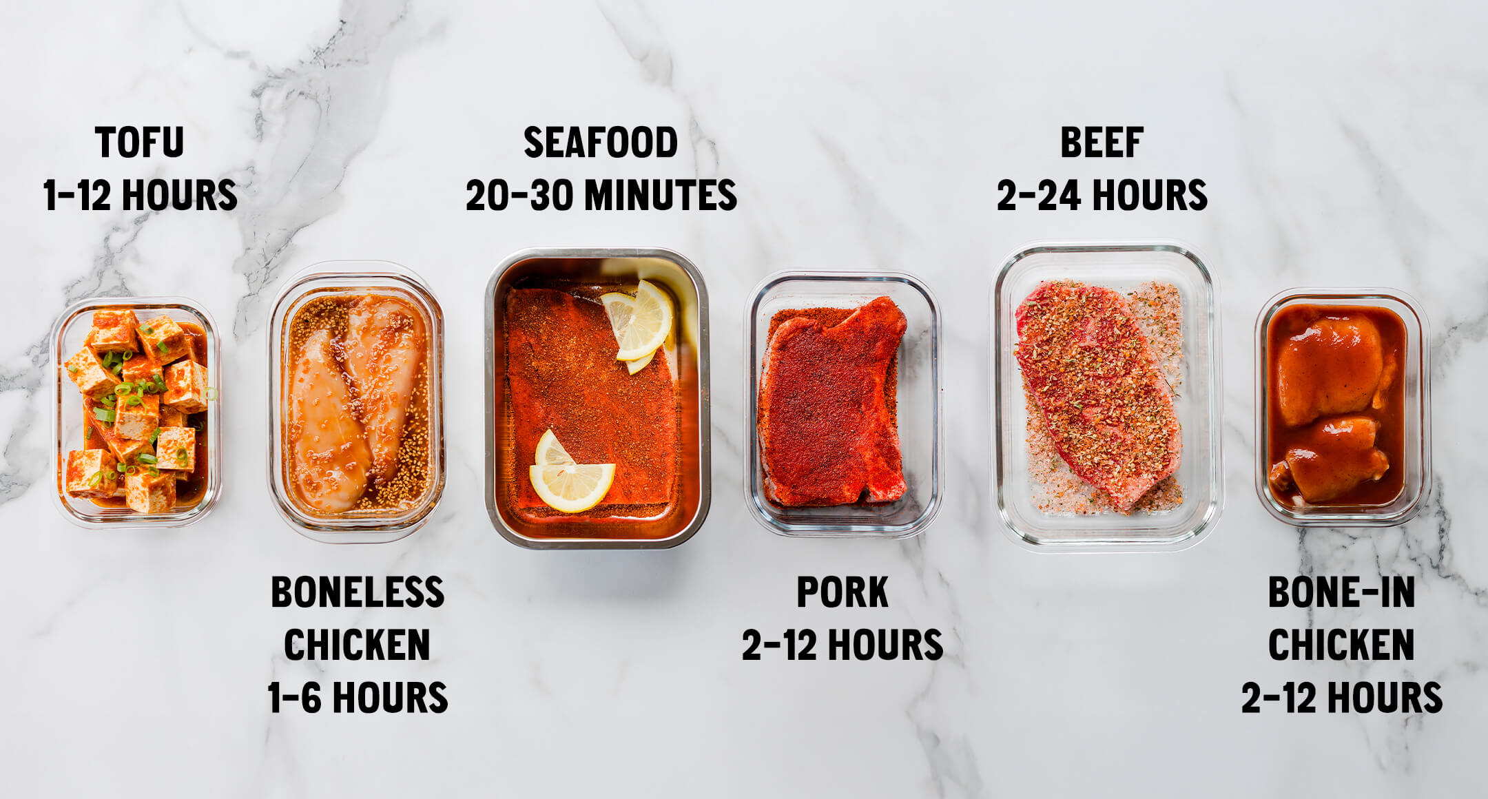 Times for marinating: tofu 1 to 12 hours, boneless chicken 1 to 6 hours, seafood 20 to 30 minutes, pork 2 to 12 hours, beef 2 to 24 hours, bone-in chicken 2 to 12 hours