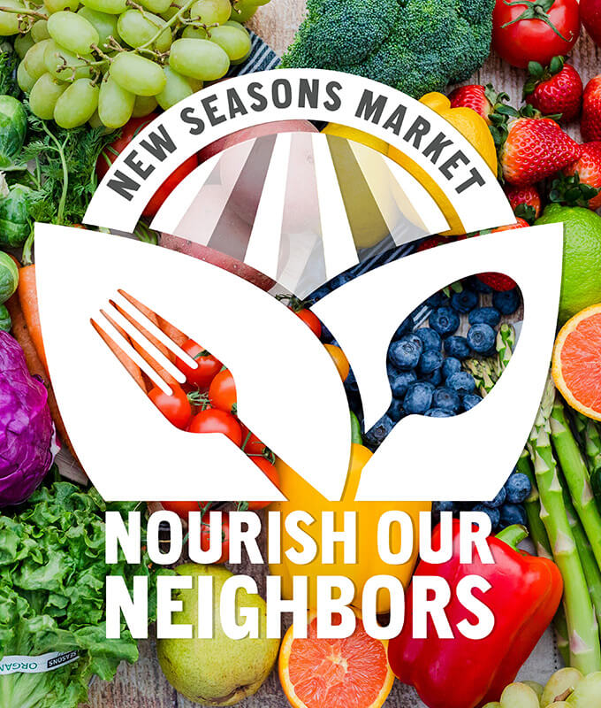 Logo for Nourish Our Neighbors in white text over a picture of fresh fruits and vegetables