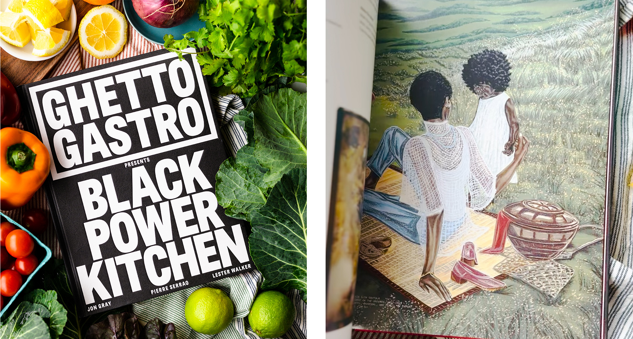 The cookbook Ghetto Gastro laying on a blanket surrounded by vegetables.