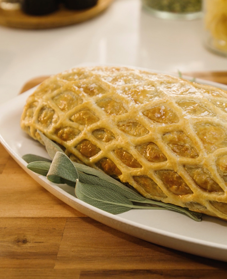 Mushroom Wellington on a plate looking quite tasty.