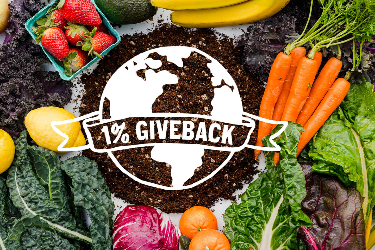 Various fruit and vegetables with a 1% giveback logo.