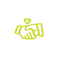 stylized icon of shaking hands with a small heart
