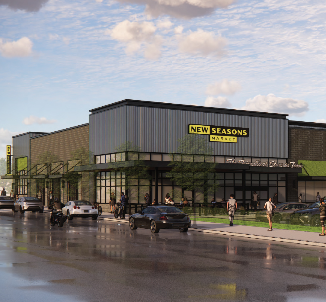 Rendering of future exterior of Main Street Vancouver New Seasons Market grocery store
