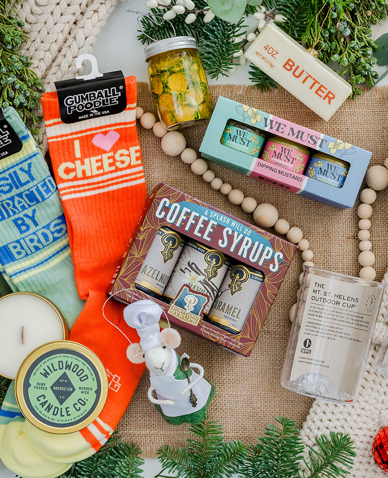 A variety of socks, ornaments and household gifts.