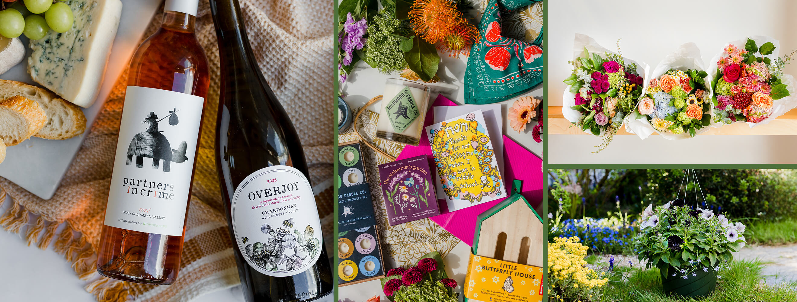 A collage of different photos featuring a variety of gifts including Overjoy wine, Partners in Crime wine, local macarons, Wildwood candles, and New Seasons custom floral arrangements.