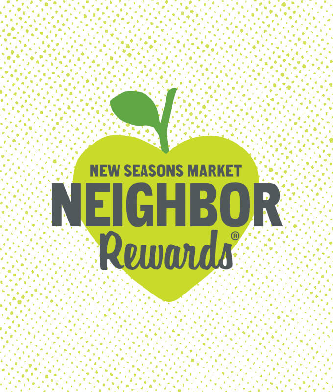 A vector image of the New Seasons Market Neighbor Rewards logo on a speckled lime green background.