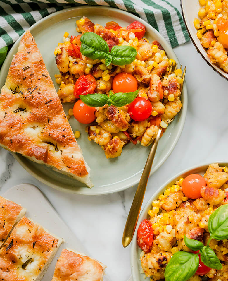 Crispy Gnocchi with Corn & Tomatoes served with focaccia