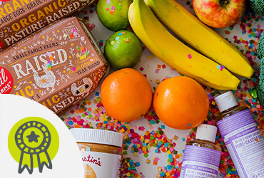 Products (produce, body care, eggs, peanut butter) and award icon swipe