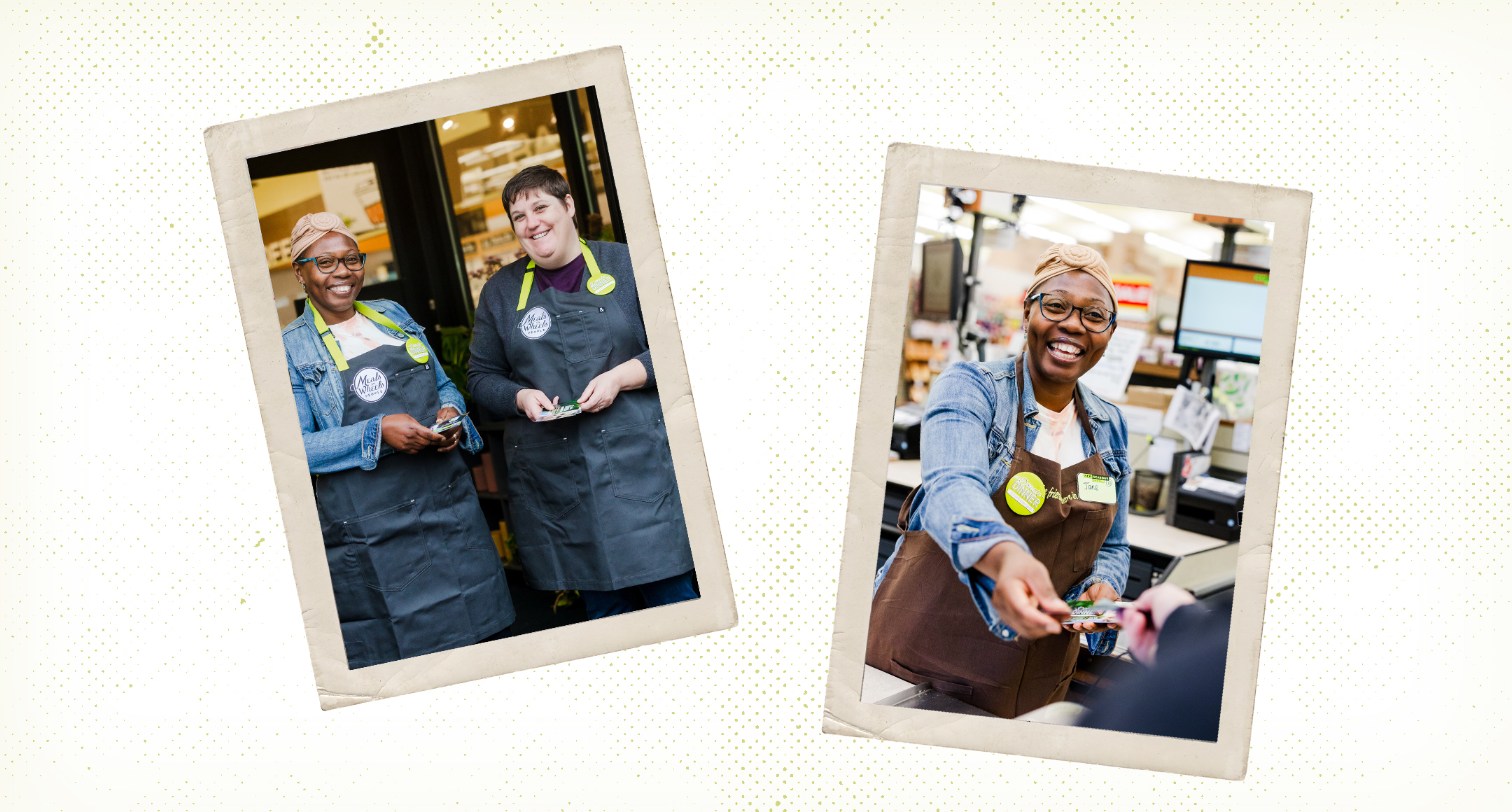 One image showing two individuals wearing aprons smiling, and one image of an individual standing at the register smiling. 