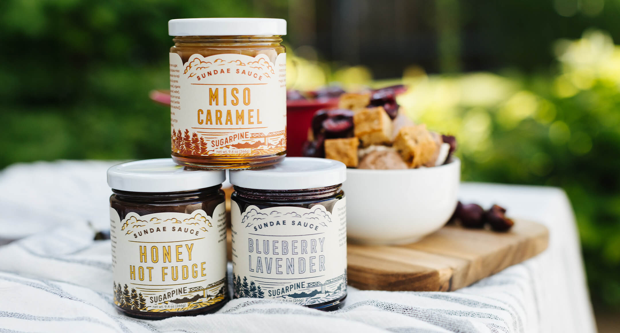 Sugarpine Miso Caramel, Blueberry Lavender, and Honey Hot Fudge sundae sauces