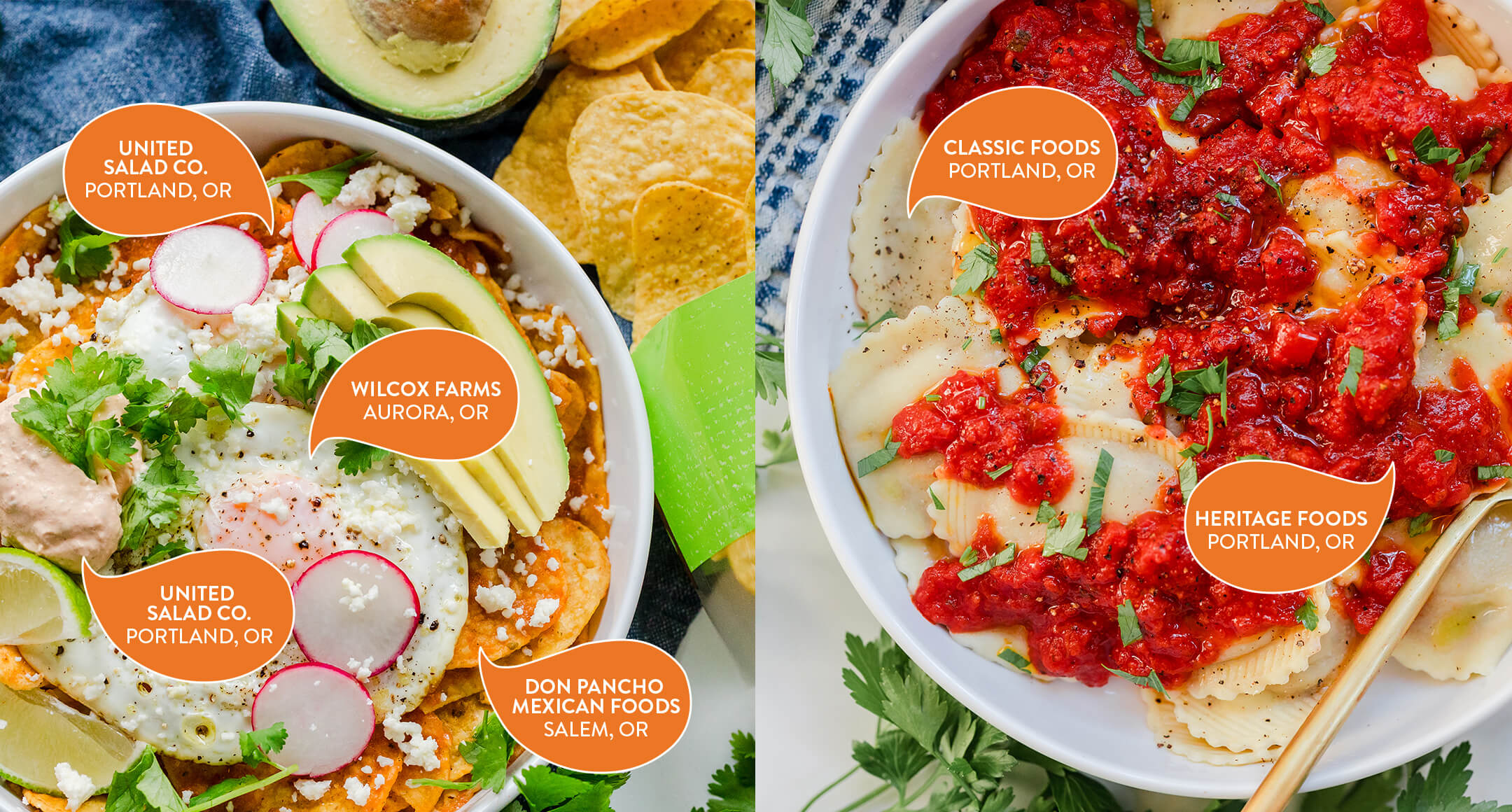 A split image of two meals. Chilaquiles on the left and ravioli with marinara sauce on the right. The image contains markers calling out specific NSM brand products, also listed in the caption below the image.