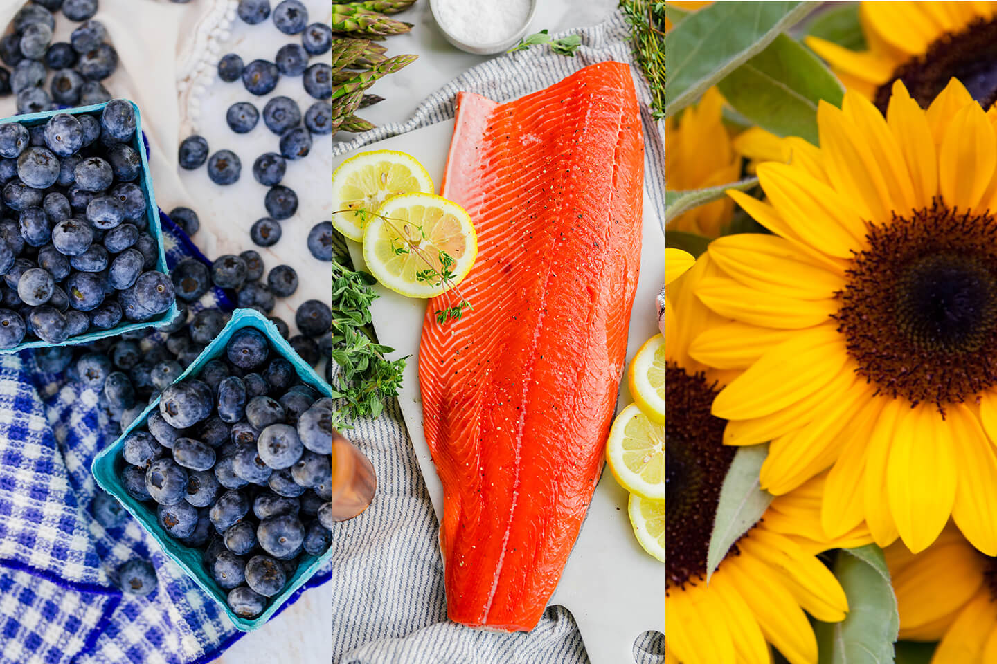 three images side by side. One of fresh blueberries in cartons, one of a coho salmon fillet and one of sunflowers.