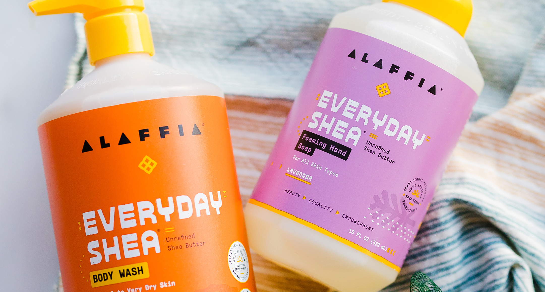 Two bottles of Alaffia Everyday Shea Foaming Hand Soap and Body Wash. 