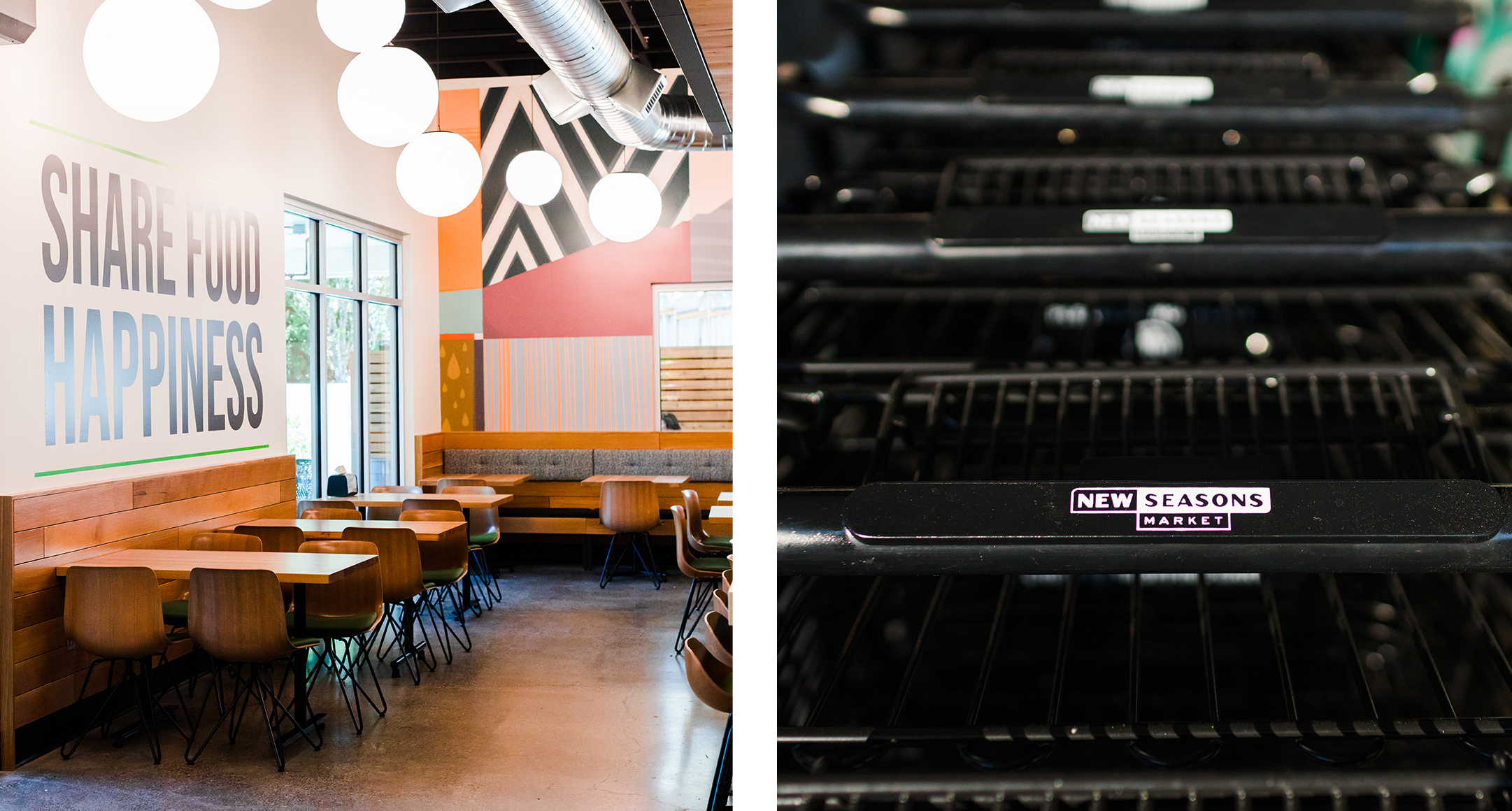 The dining area at Palisades on the right half of the image, close-up of shopping cart handles with New Seasons logos on the left half