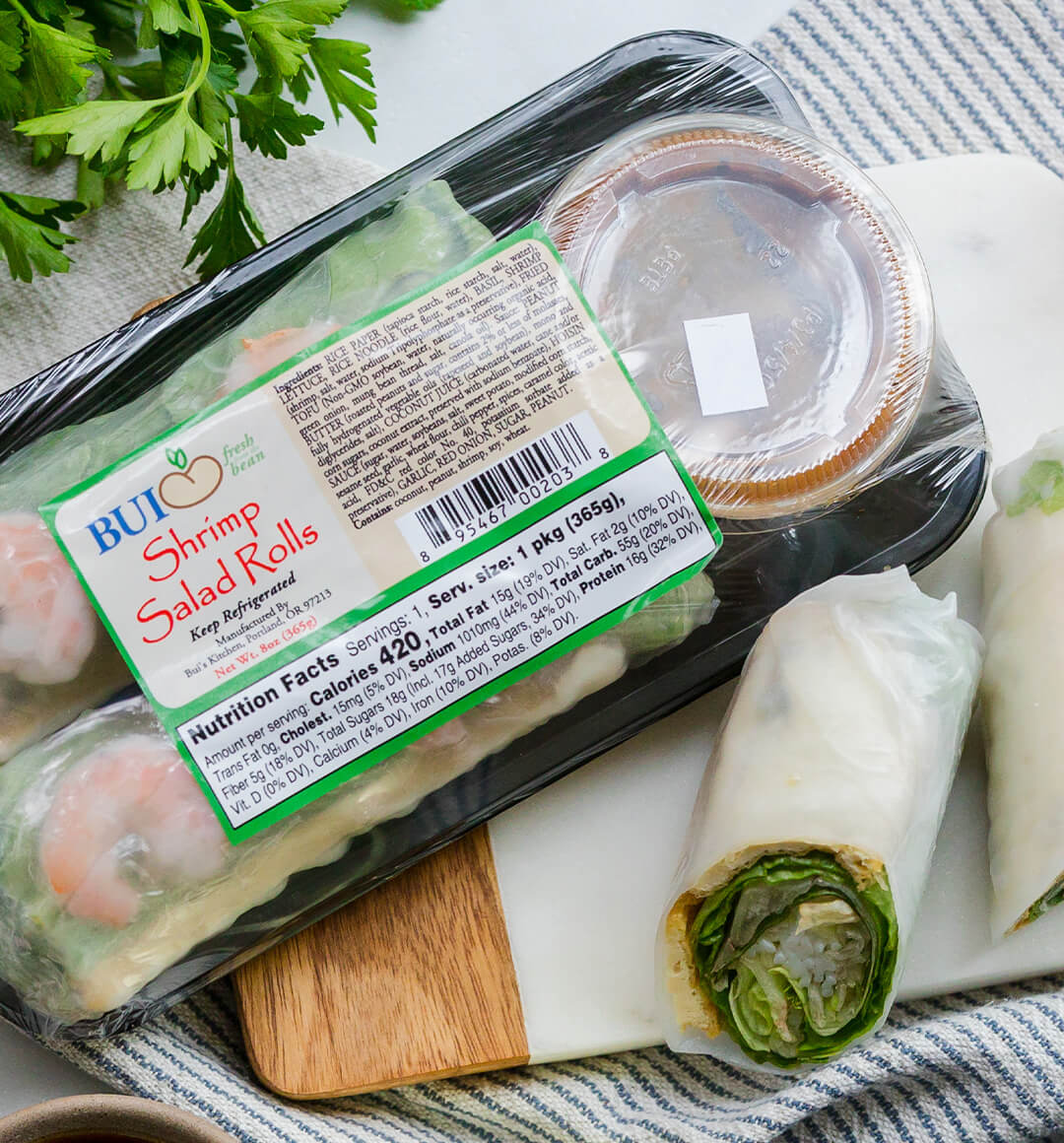 Packaged shrimp salad rolls from Bui Natural Tofu.