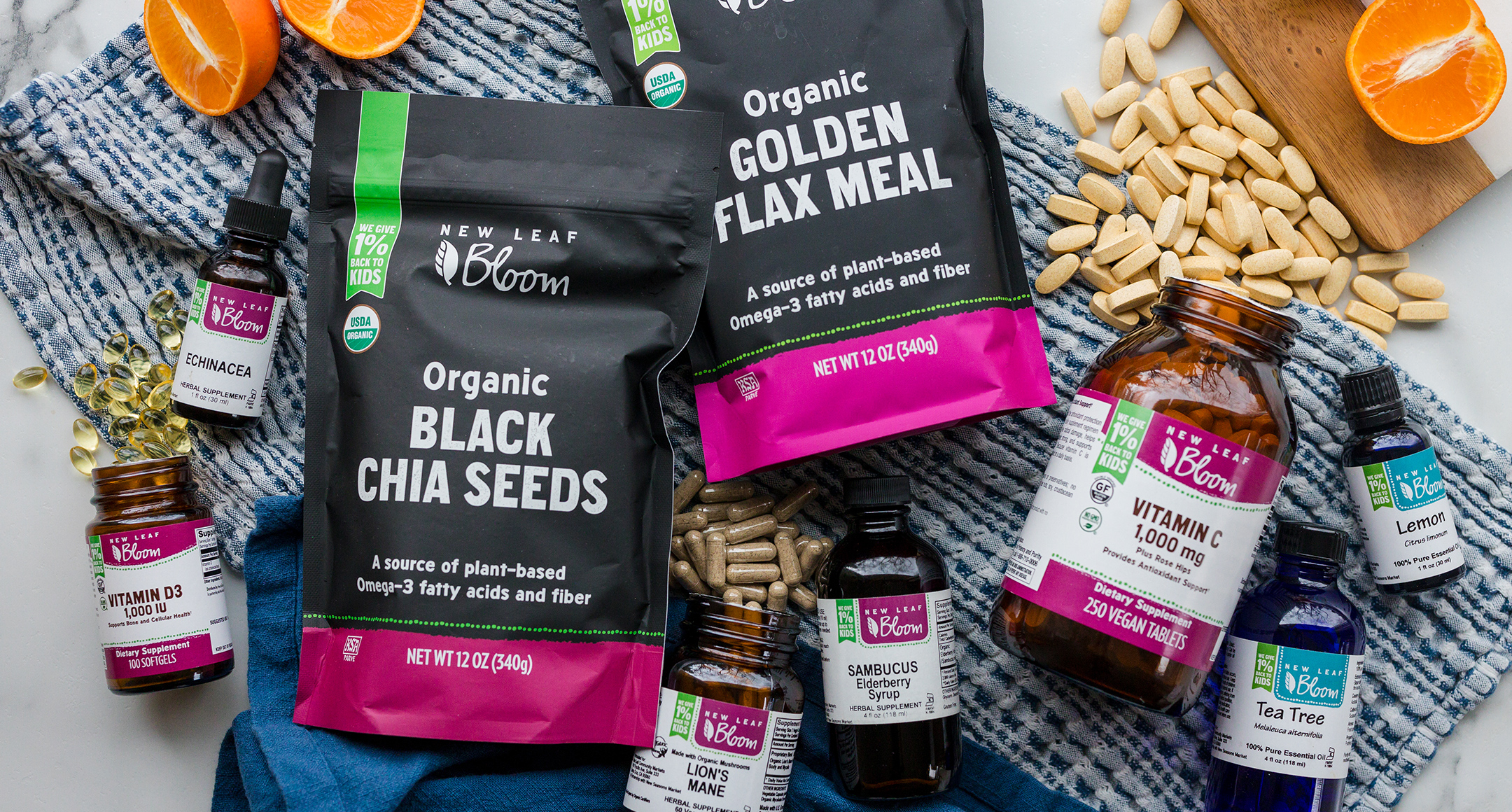An image featuring a variety of New Leaf Bloom wellness products.