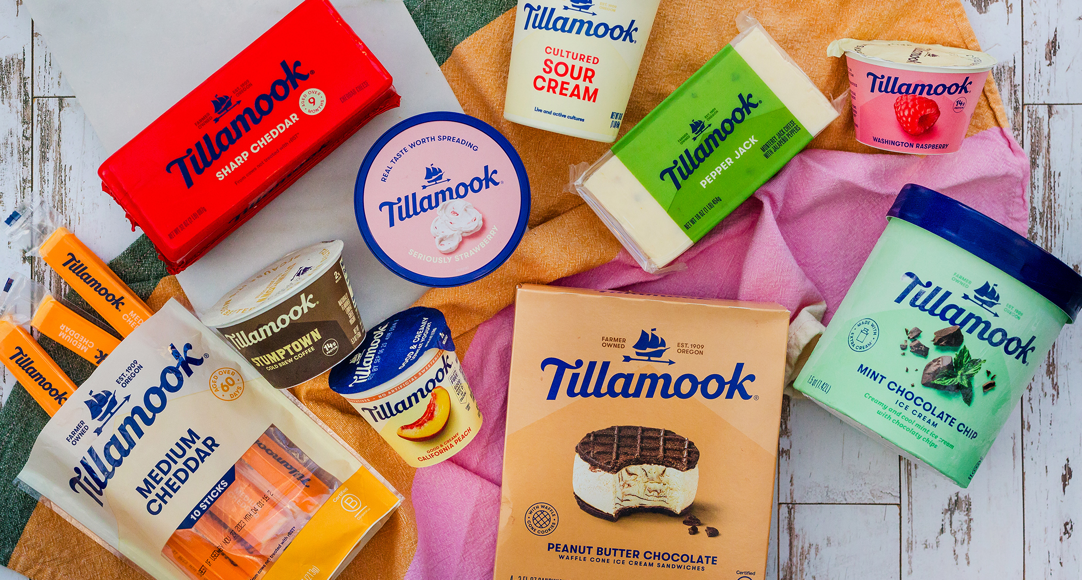 A variety of products from Tillamook Creamery in Oregon, including Tillamook Sharp Cheddar and Mint Chocolate Chip Ice Cream. 