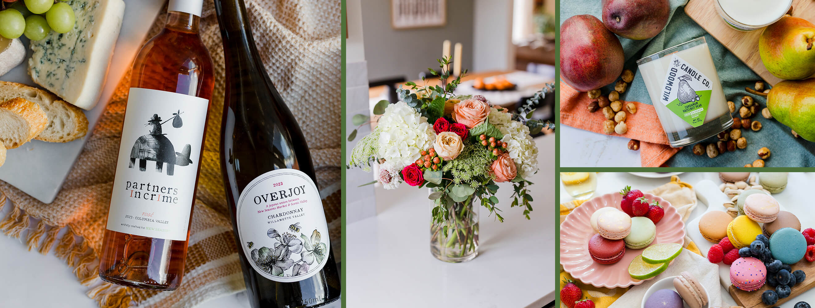 A collage of different photos featuring a variety of gifts including Overjoy wine, Partners in Crime wine, local macarons, Wildwood candles, and New Seasons custom floral arrangements.