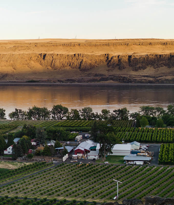 a far away shot of a farm alongside a river