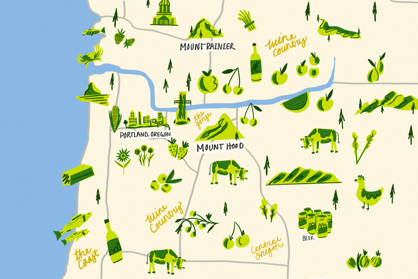 Map of Oregon and Washington boarder with icons of various produce, meat, seafood, and florals