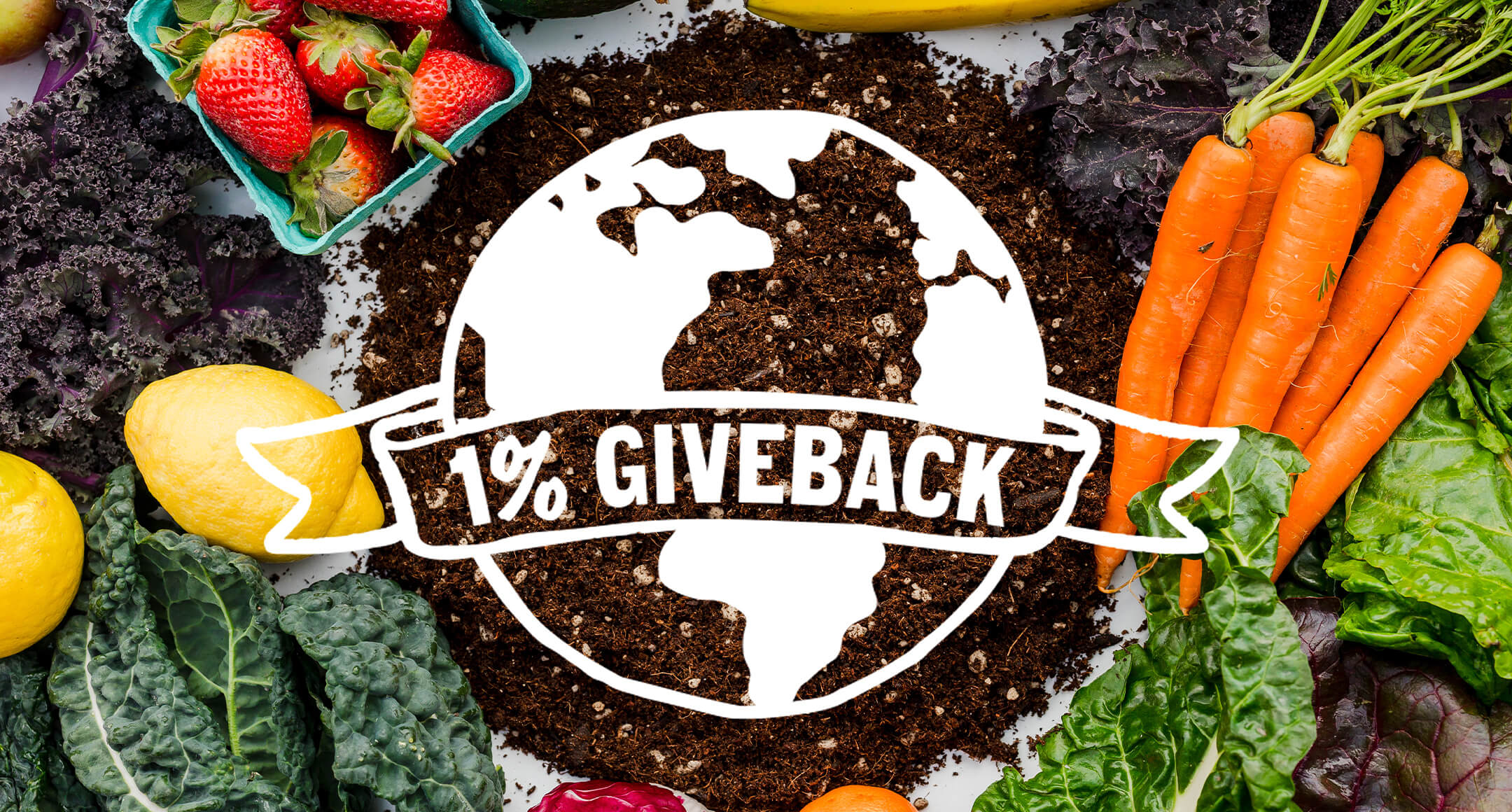 Various fruit and vegetables with a 1% giveback logo.