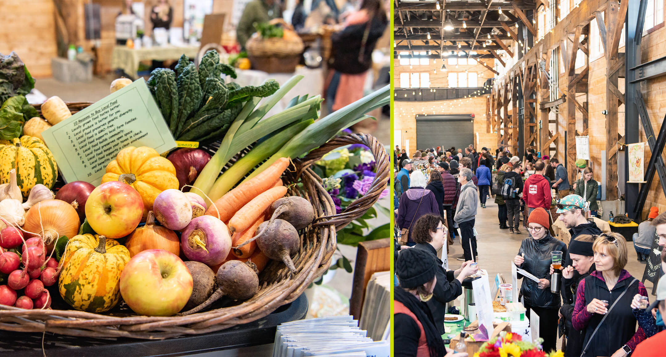 A basket of produce next to an image of people in an event space for the CSA Fair