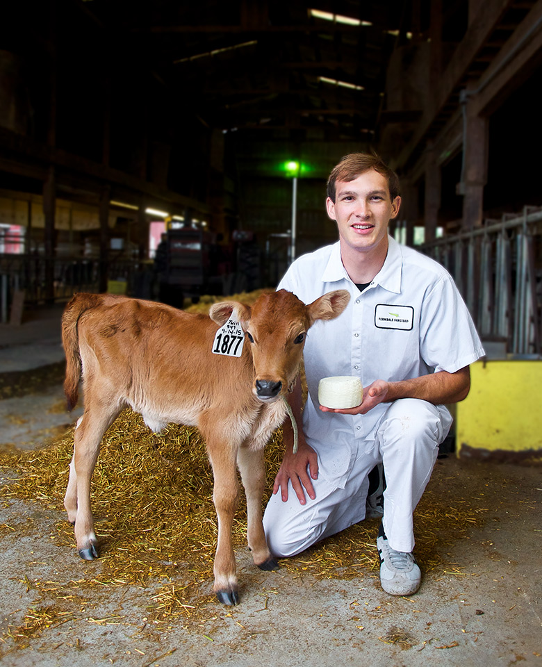 Daniel Wavrin of Ferndale Farmstead holding fresh cheese with an adorable baby cow