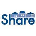 Share logo with text in blue and images of houses with windows