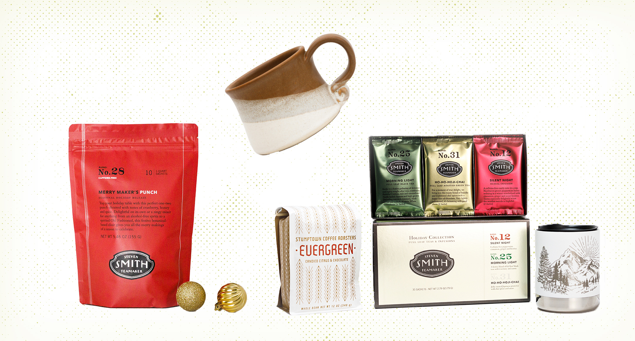 Drink-related gifts, including tea, chai, a ceramic coffee mug, an insulated coffee cup, and a bag of coffee. 