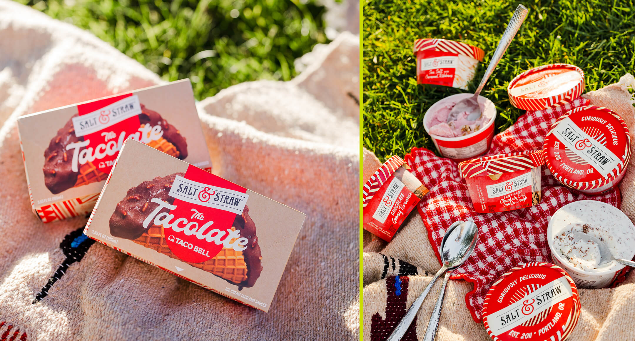 Salt & Straw’s half-pint ice creams and Tacolate displayed in an outdoor setting.
