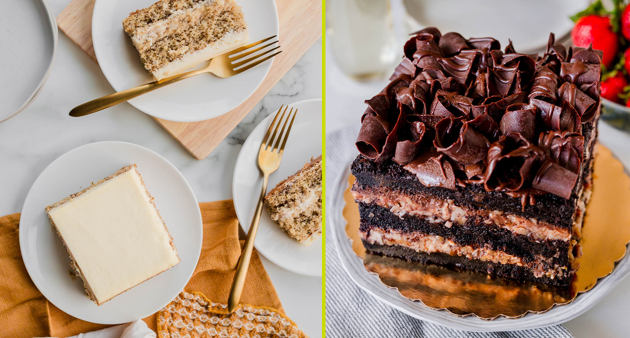 A piece of layer German chocolate cake, and a piece of New Seasons banana cake.